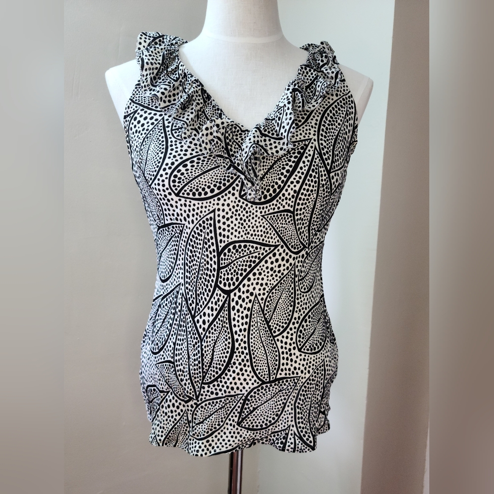 Tory Burch Silk sleeveless blouse top black white print size 4